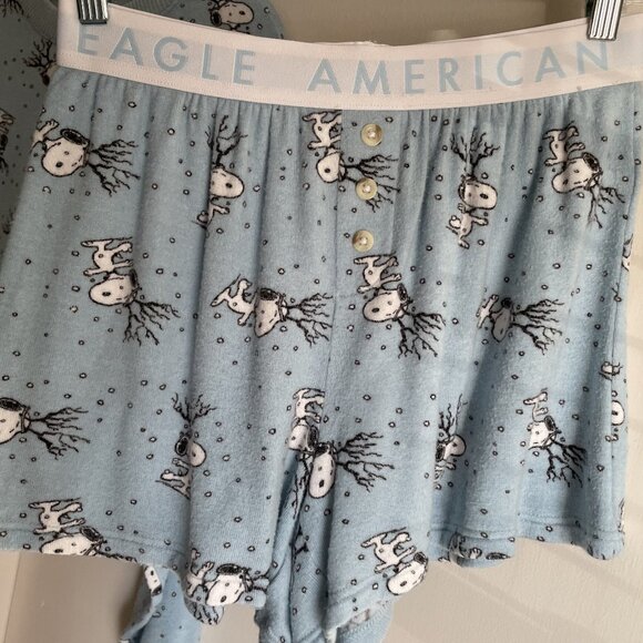 AE Peanuts Snoopy Holiday Pajamas 2 Piece Lounge SET Size S Blue PJ's Top Shorts - Picture 7 of 12